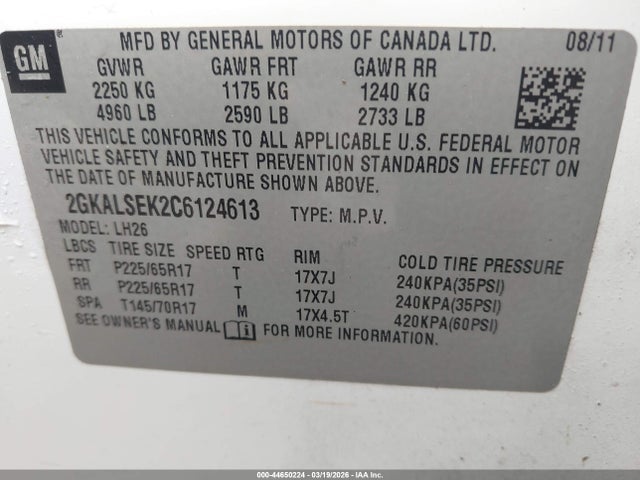 Aukcja sprzedaży 2012 Gmc Terrain Sle-2, vin: 2GKALSEK2C6124613, numer aukcji: 44650224