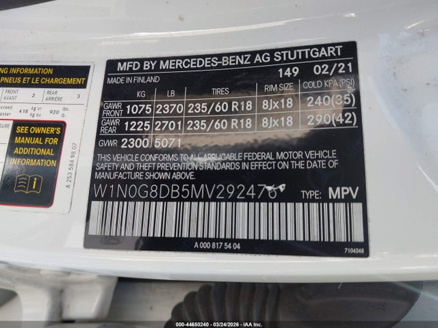 Продаж на аукціоні авто 2021 Mercedes-benz Glc 300 Suv, vin: W1N0G8DB5MV292476, номер лоту: 44650240