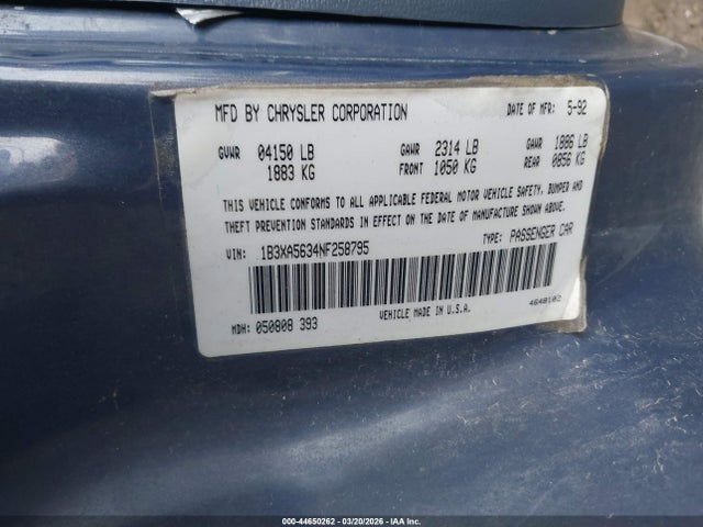 Продажа на аукционе авто 1992 Dodge Spirit Le, vin: 1B3XA5634NF258795, номер лота: 44650262