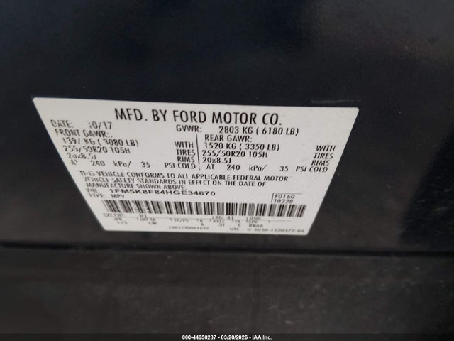 44650287 :رقم المزاد ، 1FM5K8F84HGE34870 vin ، 2017 Ford Explorer Limited مزاد بيع