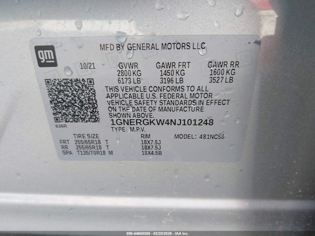 1GNERGKW4NJ101248 Chevrolet Traverse Fwd Lt Cloth