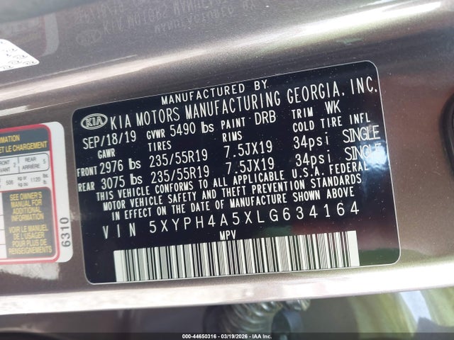 5XYPH4A5XLG634164 KIA Sorento 3.3l Ex