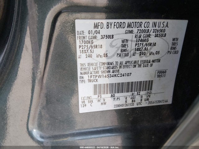 Aukcja sprzedaży 2004 Ford F-150 Fx4/lariat/xlt, vin: 1FTPW14534KC24107, numer aukcji: 44650322