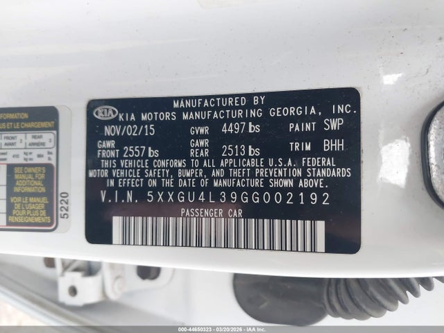 44650323 :رقم المزاد ، 5XXGU4L39GG002192 vin ، 2016 Kia Optima Ex مزاد بيع