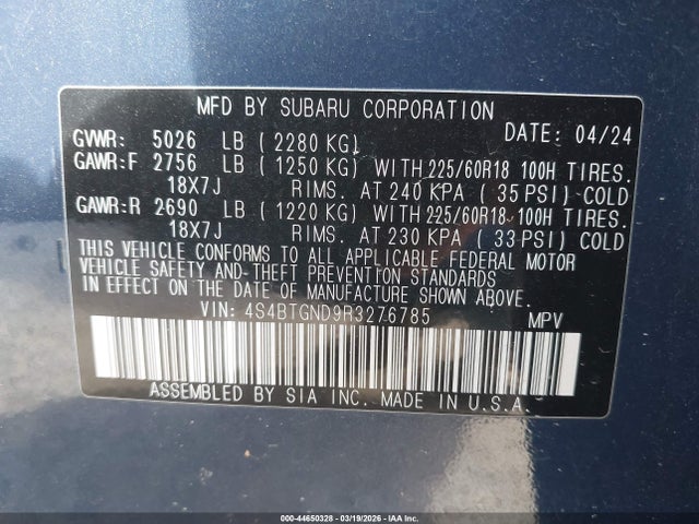 Aukcja sprzedaży 2024 Subaru Outback Limited Xt, vin: 4S4BTGND9R3276785, numer aukcji: 44650328