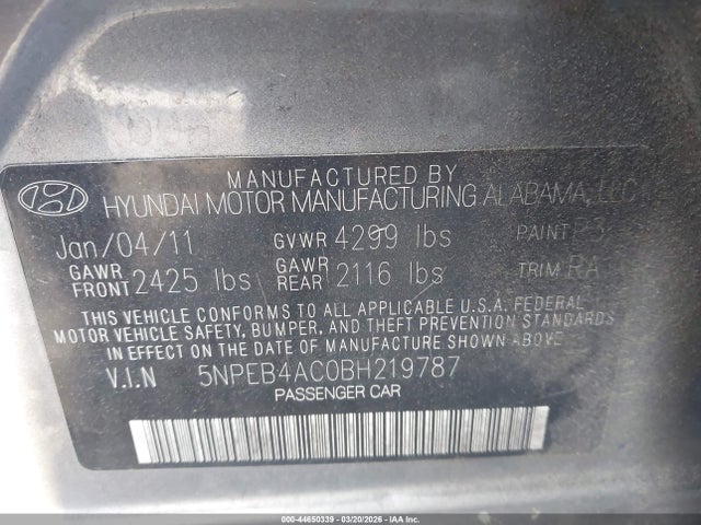 Aukcja sprzedaży 2011 Hyundai Sonata Gls, vin: 5NPEB4AC0BH219787, numer aukcji: 44650339