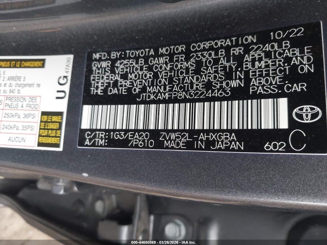 44650369 :رقم المزاد ، JTDKAMFP8N3224463 vin ، 2022 Toyota Prius Prime Limited مزاد بيع