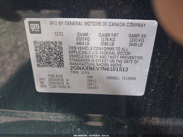 2GNAXNEV7N6101513 Chevrolet Equinox Fwd Premier