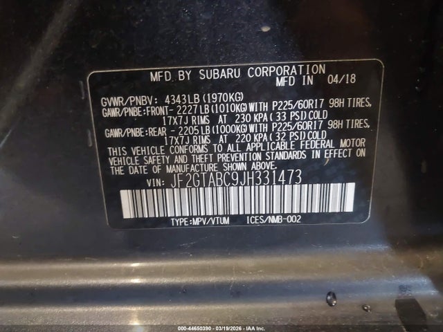 Продажа на аукционе авто 2018 Subaru Crosstrek 2.0i Premium, vin: JF2GTABC9JH331473, номер лота: 44650390