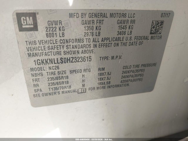 Продаж на аукціоні авто 2017 Gmc Acadia Sle-2, vin: 1GKKNLLS0HZ323615, номер лоту: 44650400