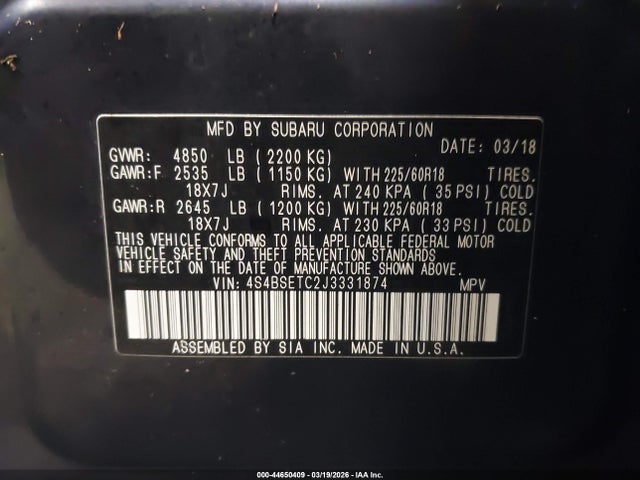 Aukcja sprzedaży 2018 Subaru Outback 3.6r Touring, vin: 4S4BSETC2J3331874, numer aukcji: 44650409