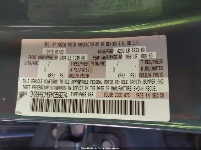 44650418 :رقم المزاد ، 3MZBPBCM6PM359274 vin ، 2023 Mazda Mazda3 2.5 S Carbon Edition مزاد بيع