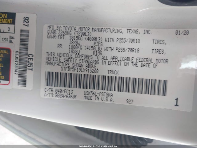 Продаж на аукціоні авто 2020 Toyota Tundra Sr5, vin: 5TFDY5F19LX915268, номер лоту: 44650425