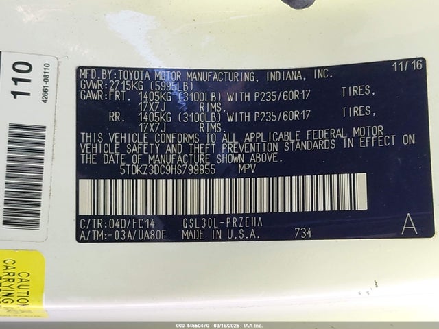 5TDKZ3DC9HS799855 Toyota Sienna Le 8 Passenger