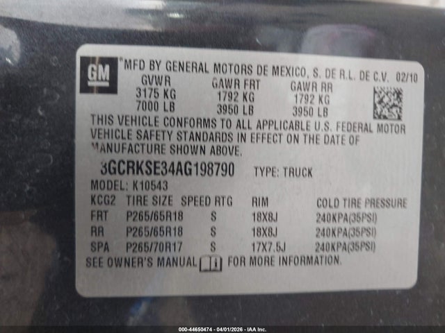Aukcja sprzedaży 2010 Chevrolet Silverado 1500 Lt, vin: 3GCRKSE34AG198790, numer aukcji: 44650474