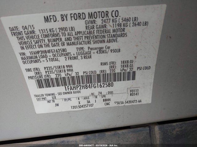 Ford TAURUS SEL 2015 1FAHP2H84FG162580 Image 9