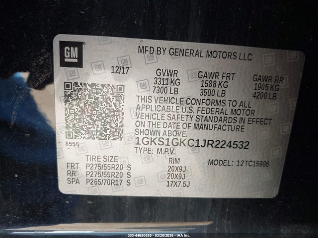 Aukcja sprzedaży 2018 Gmc Yukon Xl Slt, vin: 1GKS1GKC1JR224532, numer aukcji: 44650495