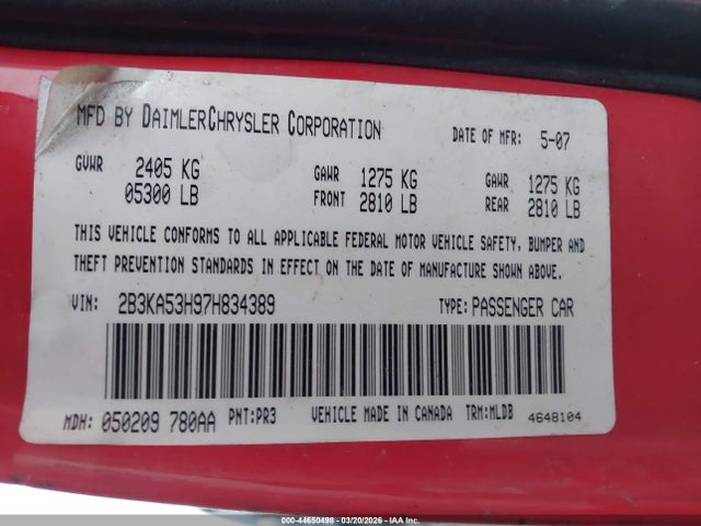 Aukcja sprzedaży 2007 Dodge Charger Rt, vin: 2B3KA53H97H834389, numer aukcji: 44650498