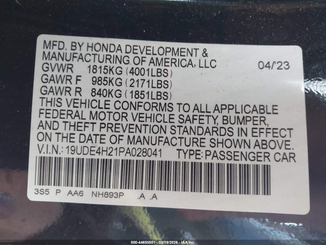 44650501 :رقم المزاد ، 19UDE4H21PA028041 vin ، 2023 Acura Integra مزاد بيع