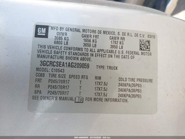 2010 Chevrolet Silverado 1500 Lt მანქანა იყიდება აუქციონზე, vin: 3GCRCSEA1AG209059, აუქციონის ნომერი: 44650508
