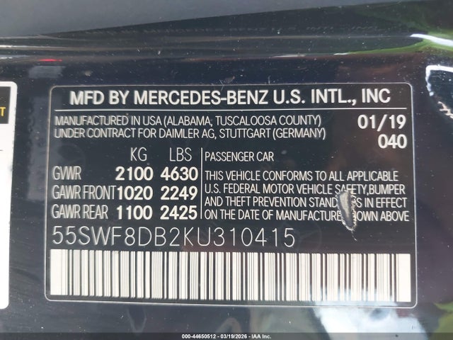 Продажа на аукционе авто 2019 Mercedes-benz C 300, vin: 55SWF8DB2KU310415, номер лота: 44650512