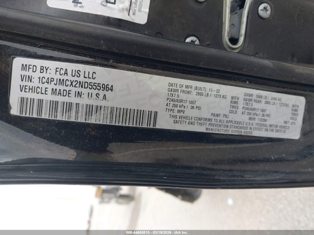 44650515 :رقم المزاد ، 1C4PJMCX2ND555964 vin ، 2022 Jeep Cherokee X 4x4 مزاد بيع