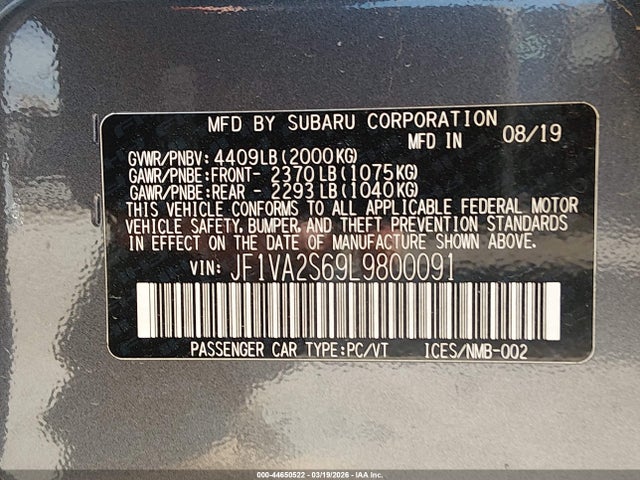 Продажа на аукционе авто 2020 Subaru Wrx Sti, vin: JF1VA2S69L9800091, номер лота: 44650522