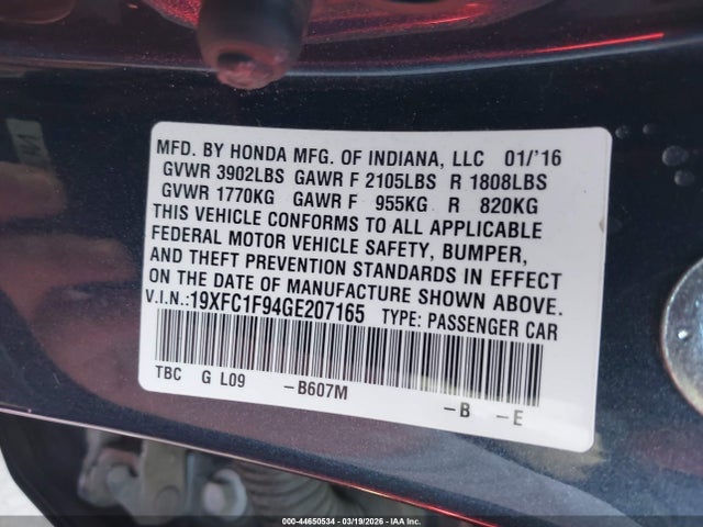 19XFC1F94GE207165 Honda Civic Touring