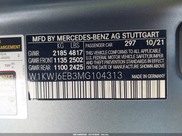 Aukcja sprzedaży 2021 Mercedes-benz Amg C 43 4matic, vin: W1KWJ6EB3MG104313, numer aukcji: 44650546