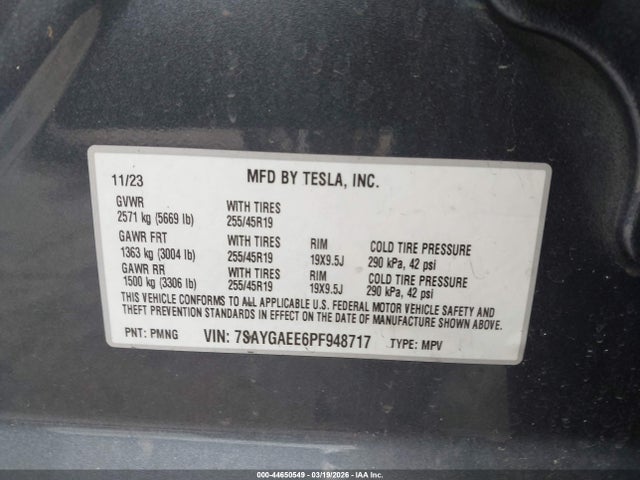Продажа на аукционе авто 2023 Tesla Model Y Awd/long Range Dual Motor All-wheel Drive, vin: 7SAYGAEE6PF948717, номер лота: 44650549