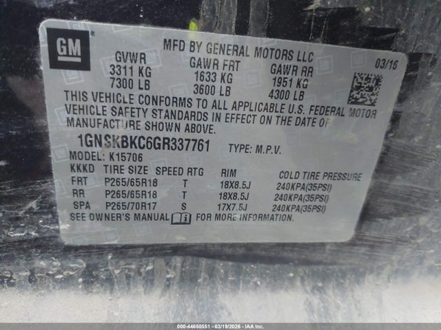 1GNSKBKC6GR337761 Chevrolet Tahoe Lt