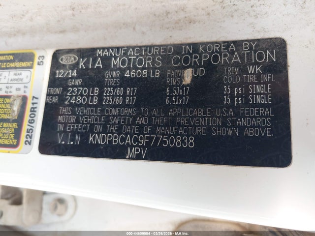 44650554 :رقم المزاد ، KNDPBCAC9F7750838 vin ، 2015 Kia Sportage Lx مزاد بيع