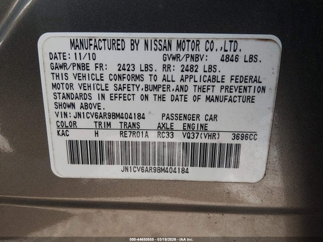 2011 Infiniti G37x მანქანა იყიდება აუქციონზე, vin: JN1CV6AR9BM404184, აუქციონის ნომერი: 44650555