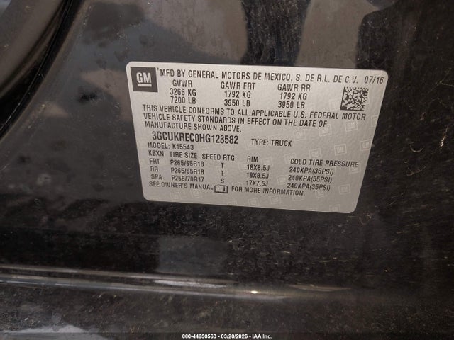 44650563 :رقم المزاد ، 3GCUKREC0HG123582 vin ، 2017 Chevrolet Silverado 1500 2lt مزاد بيع