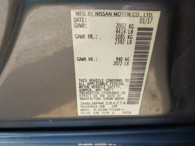 Aukcja sprzedaży 2017 Nissan Altima 3.5 Sl, vin: 1N4BL3AP4HC184274, numer aukcji: 44650591