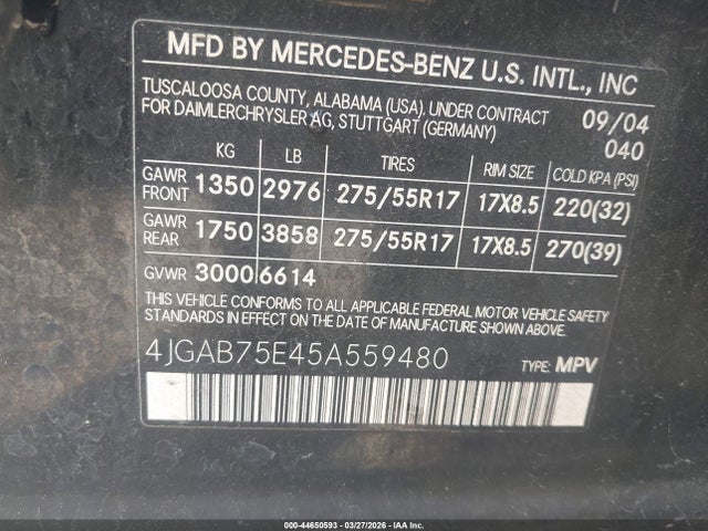 Aukcja sprzedaży 2005 Mercedes-benz Ml 500 4matic, vin: 4JGAB75E45A559480, numer aukcji: 44650593