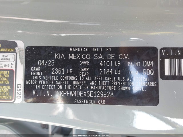 2025 Kia K4 Gt-line მანქანა იყიდება აუქციონზე, vin: 3KPFW4DEXSE129928, აუქციონის ნომერი: 44650604