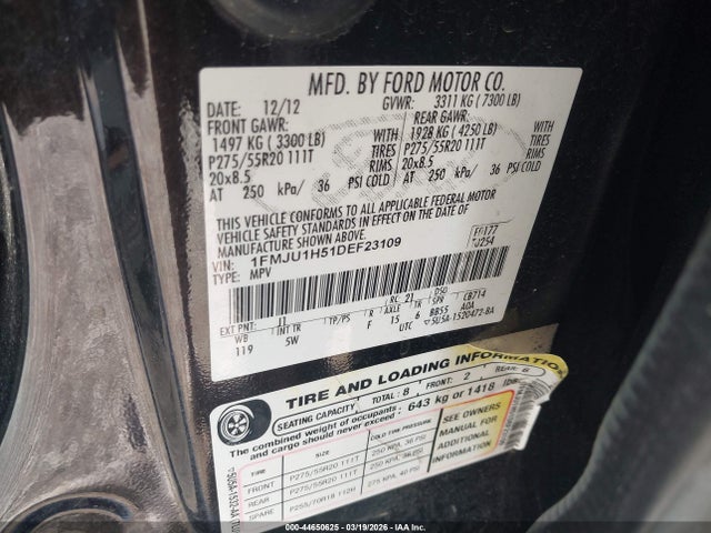 Продаж на аукціоні авто 2013 Ford Expedition King Ranch, vin: 1FMJU1H51DEF23109, номер лоту: 44650625