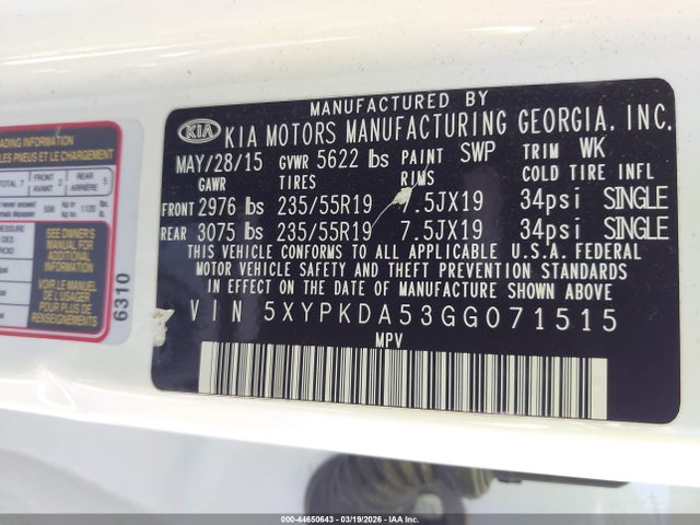 Продажа на аукционе авто 2016 Kia Sorento 3.3l Sx, vin: 5XYPKDA53GG071515, номер лота: 44650643
