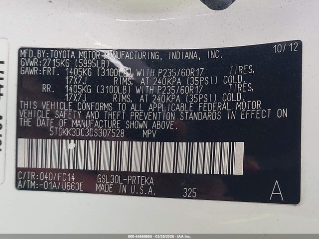 Продаж на аукціоні авто 2013 Toyota Sienna Le V6 8 Passenger, vin: 5TDKK3DC3DS307528, номер лоту: 44650655