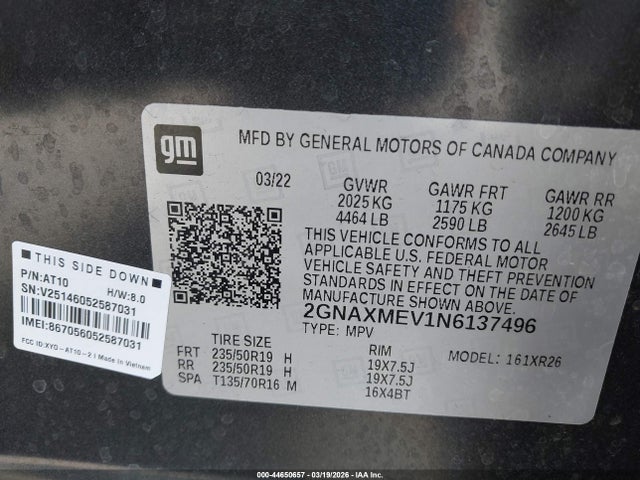Aukcja sprzedaży 2022 Chevrolet Equinox Fwd Rs, vin: 2GNAXMEV1N6137496, numer aukcji: 44650657
