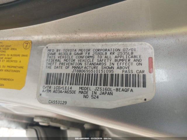 44650660 :رقم المزاد ، JT8BD69S510151095 vin ، 2001 Lexus Gs 300 مزاد بيع