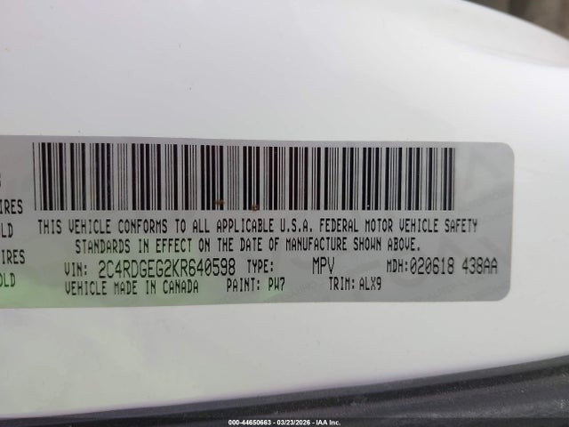 44650663 :رقم المزاد ، 2C4RDGEG2KR640598 vin ، 2019 Dodge Grand Caravan Gt مزاد بيع