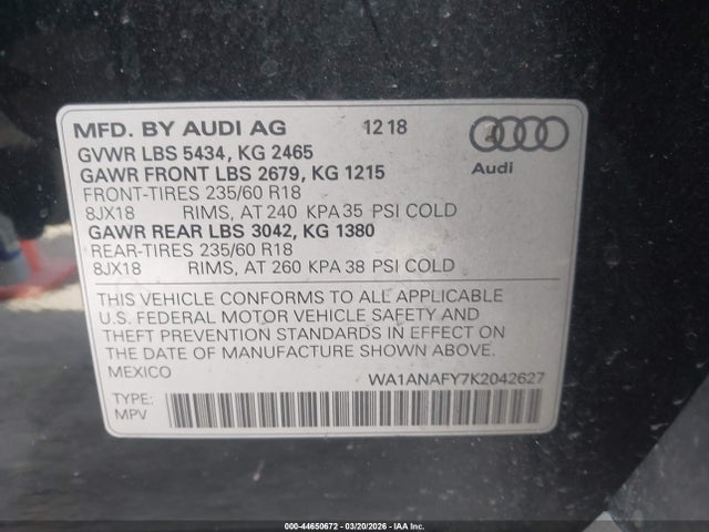 2019 Audi Q5 45 Premium მანქანა იყიდება აუქციონზე, vin: WA1ANAFY7K2042627, აუქციონის ნომერი: 44650672