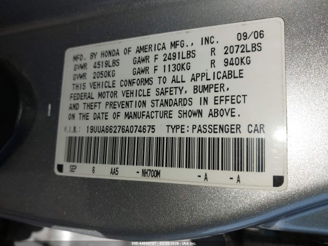 2006 Acura Tl მანქანა იყიდება აუქციონზე, vin: 19UUA66276A074675, აუქციონის ნომერი: 44650707