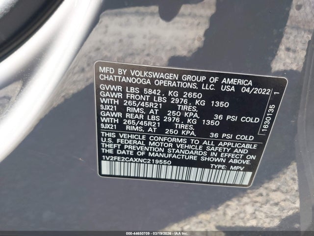 Aukcja sprzedaży 2022 Volkswagen Atlas Cross Sport 3.6l V6 Sel Premium R-line, vin: 1V2FE2CAXNC219550, numer aukcji: 44650709