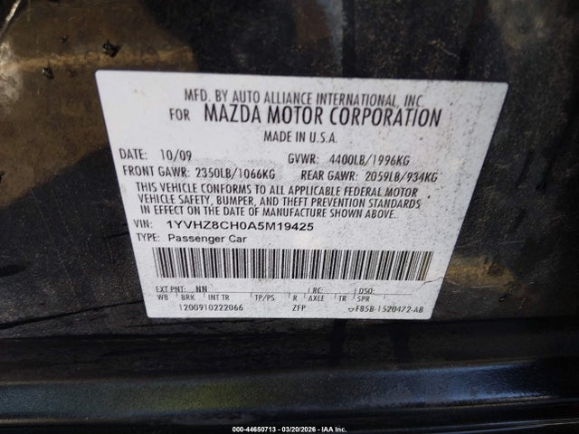 Продажа на аукционе авто 2010 Mazda Mazda6 I Touring, vin: 1YVHZ8CH0A5M19425, номер лота: 44650713