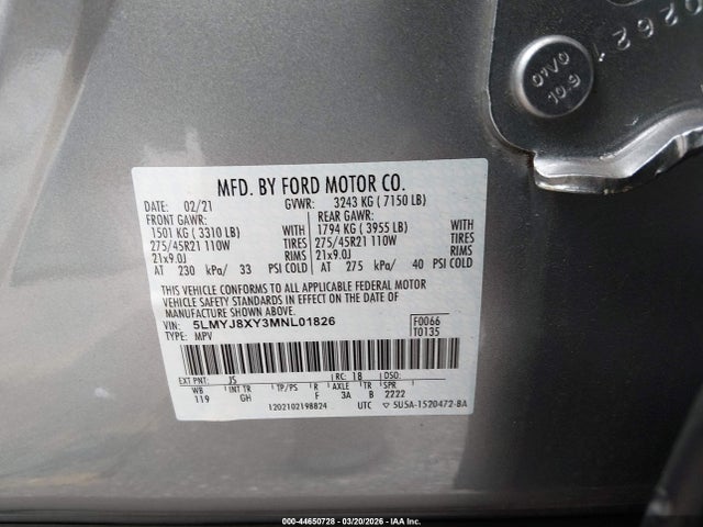 Продажа на аукционе авто 2021 Lincoln Aviator Grand Touring, vin: 5LMYJ8XY3MNL01826, номер лота: 44650728
