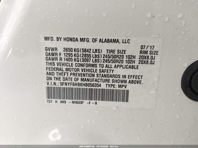 2017 Honda Pilot Touring მანქანა იყიდება აუქციონზე, vin: 5FNYF6H9XHB056354, აუქციონის ნომერი: 44650736