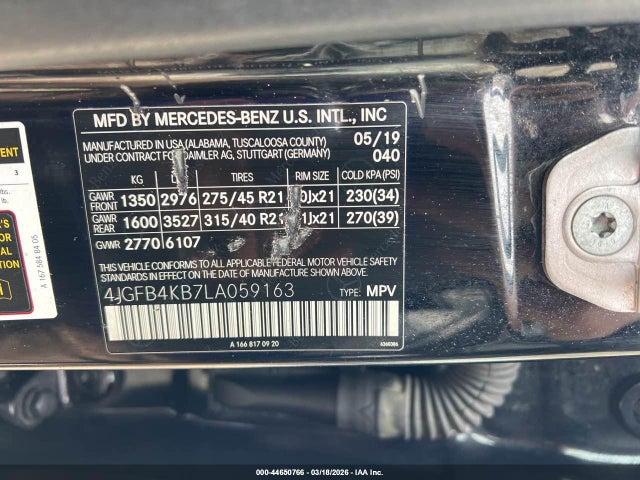 44650766 :رقم المزاد ، 4JGFB4KB7LA059163 vin ، 2020 Mercedes-benz Gle 350 4matic مزاد بيع